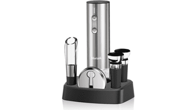 Electric Wine Opener Set with Stand, Rechargeable Opener, Aerator, Stoppers, and Foil Cutter - 6-in-1 Bottle Opener Set for Home Party Bar Outdoor Gift