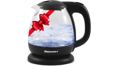 Elite Gourmet Electric Glass Kettle - BPA-Free, 1100W, Cordless 360° Base, Blue LED Interior, Auto Shut-Off - Boil Water for Tea & More