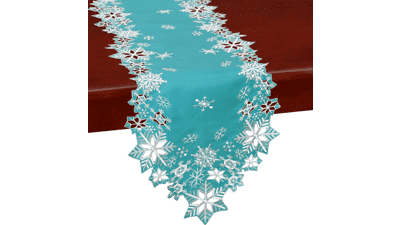 Embroidered Snowflakes Table Runner for Christmas Holiday and Winter - Teal (14×34 inches)