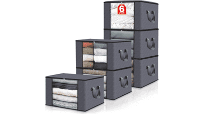 Fab Totes 6 Pack Clothes Storage Bags, Foldable Blanket Containers for Bedroom Closet, Grey