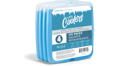 Fit & Fresh Cool Coolers - 4 Pack Slim Ice Packs, Quick Freeze Reusable Ice Packs for Lunch Boxes or Coolers - Blue