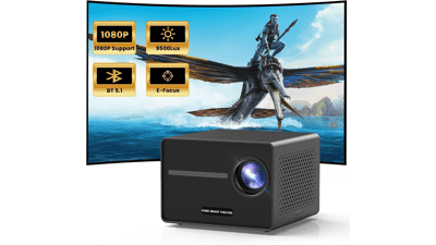 HAPPRUN Electric Focus Mini Projector 1080P Support Bluetooth Speaker 200" Outdoor Movie Compatible with Smartphone HDMI USB AV Fire Stick PS5