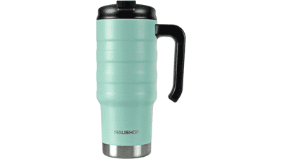 HAUSHOF 24 oz Travel Mug - Stainless Steel Double Wall Vacuum Insulated Tumbler with Handle, Spill Proof Flip Lid, Wide Mouth - BPA Free