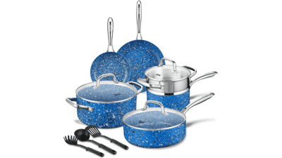 HLAFRG Nonstick Cookware Set - 12 Piece Pots, Pans, and Utensils - PFOA Free - Blue Granite