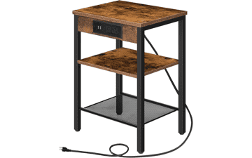 HOOBRO Rustic Brown End Table with Charging Station, USB Ports, 3-Tier Nightstand, Adjustable Shelf - Small Space Furniture for Living Room, Bedroom, Balcony
