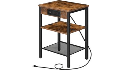 HOOBRO Rustic Brown End Table with Charging Station, USB Ports, 3-Tier Nightstand, Adjustable Shelf - Small Space Furniture for Living Room, Bedroom, Balcony