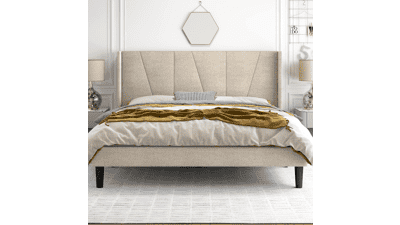 HOOMIC Queen Size Bed Frame with Geometric Wingback Headboard, Beige