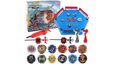 JIMI Bey Battling Top Blade Launcher Stadium Metal Fusion Set - 12 Burst Spinning Tops, 3 Launchers, Grip, Arena Combat Game - Toy Gift for Kids Boys Ages 6-12