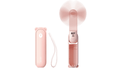 JISULIFE Handheld Mini Fan, Portable USB Rechargeable Small Pocket Fan with Power Bank and Flashlight - Pink