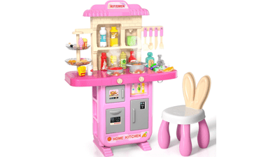 Kids Kitchen Playset for Girls, Pretend Play Food Toy with Chair, Ages 3-8, Kitchen Accessories Set with Light Sound Spray