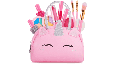 Kids Real Makeup Kit with Pink Unicorn Purse - Non Toxic, Washable Make Up Toy - Gift for Toddler Pretend Play Set Vanity