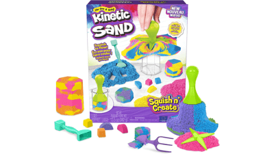 Kinetic Sand Squish N' Create Playset - 13.5oz Blue, Yellow & Pink Play Sand with 5 Tools - Stocking Stuffers for Kids