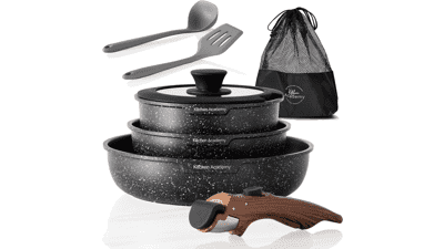 Kitchen Academy 10 Piece Non-stick Cookware Set - Detachable Handle, Black Granite Stackable RV Cookware for Camp