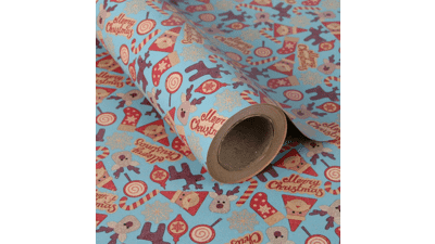 Kraft Christmas Wrapping Paper Jumbo Roll - Santa Claus Stockings Candy Canes Deer Letters Design - Kids Xmas Gift Wrap Paper