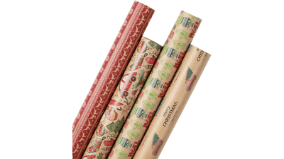 Kraft Christmas Wrapping Paper Set - 4 Rolls - 30 in x 10 ft Per Roll, Reindeer Truck Stockings Gloves Tree Design