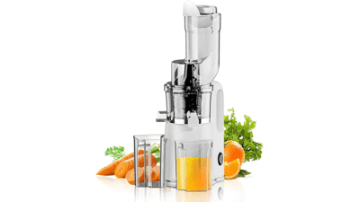 MIUI Slow Masticating Juicer - Cold Press with Wide Chute, Easy to Clean, Suitable for Celery, Fruit, Vegetable - Mini Fully Automatic Juicer (White)