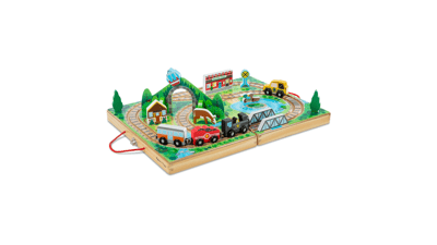 Melissa & Doug Wooden Take-Along Tabletop Railroad - 17-Piece Set with 3 Trains, Truck, Play Pieces, and Bridge - Train Sets for Kids Ages 3+