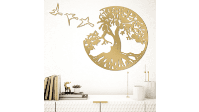 Metal Tree of Life Wall Art, Gold Decor, 3Pcs Wall Hanging and Birds Art for Norse Family Living Room Outdoor Decoration