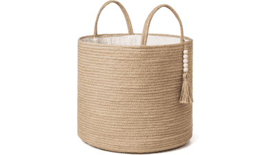 Mkono Woven Storage Basket with Wooden Bead Decoration