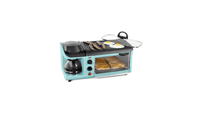 Nostalgia 3-in-1 Breakfast Station - Coffee Maker, Griddle, Toaster Oven - Aqua