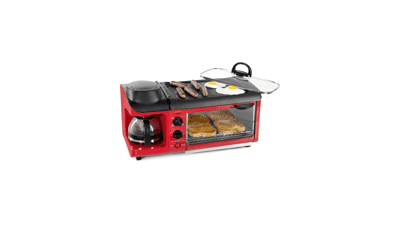 Nostalgia 3-in-1 Breakfast Station - Coffee Maker, Griddle, Toaster Oven - Versatile with Timer - Red