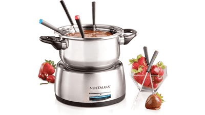 Nostalgia Electric Fondue Pot Set - 6-Cup, Cheese & Chocolate, Color-Coded Forks, Adjustable Temperature Control, Stylish Serving for Hors d'Oeuvres, Entrees, Desserts - Stainless Steel