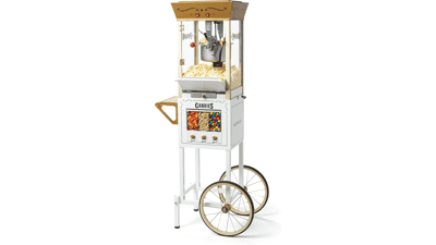 Nostalgia Popcorn Maker Machine - Professional Cart - 8 Oz Kettle - Makes 32 Cups - Vintage Movie Theater Style - Ivory