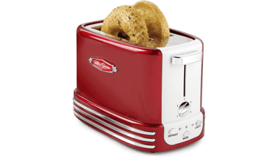 Nostalgia Retro 2-Slice Toaster, Vintage Design, Crumb Tray, Cord Storage, 5 Toasting Levels - Red