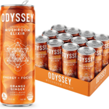 ODYSSEY ELIXIR Sparkling Mushroom Drink, Orange Ginger Flavor, 12 Fl oz, 12 Pack