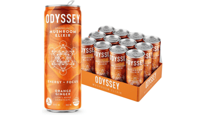 ODYSSEY ELIXIR Sparkling Mushroom Drink, Orange Ginger Flavor, 12 Fl oz, 12 Pack