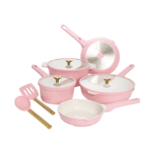 Paris Hilton Ceramic Nonstick Cookware Set, Gold Heart Knobs, Stay-Cool Handles, 10-Piece, Pink