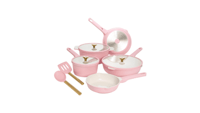 Paris Hilton Ceramic Nonstick Cookware Set, Gold Heart Knobs, Stay-Cool Handles, 10-Piece, Pink