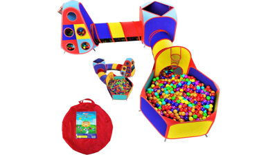 Playz 5pc Kids Play Tent Jungle Gym with Ball Pit, Pop Up Tents & Play Tunnel - Indoor & Outdoor Playhouse Bundle with Dartboard and Sticky Balls - Gift for Boys & Girls