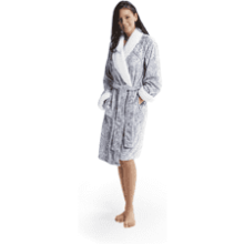 Plush Kimono Belted Robe for Women - Mid-Length Bathrobe with Pocket, Collar & Cuff - Paisley Grey