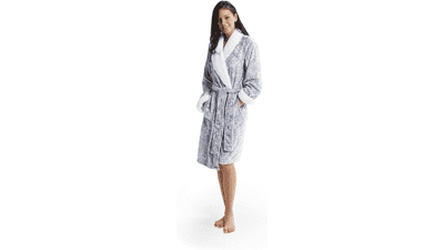 Plush Kimono Belted Robe for Women - Mid-Length Bathrobe with Pocket, Collar & Cuff - Paisley Grey