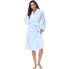 Plush Kimono Belted Robe for Women - Mid-Length Bathrobe with Pocket, Collar & Cuff, Printed Roses Blue