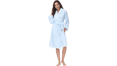 Plush Kimono Belted Robe for Women - Mid-Length Bathrobe with Pocket, Collar & Cuff, Printed Roses Blue