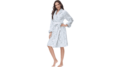 Plush Kimono Belted Robe for Women - Mid-Length Bathrobe with Pocket, Collar & Cuff, Winter Floral Green
