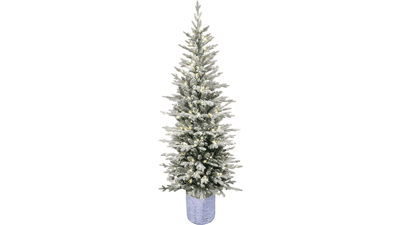 Pre-Lit Potted Flocked Arctic Fir Pencil Christmas Tree - Green