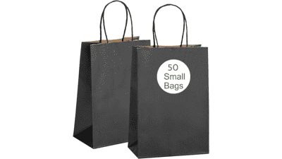 RNORRI Gift Bags - 50Pcs Black Paper Bags - 5.25x3.75x8 Inches - Party Favor Bags Bulk - Reusable Shopping Bags - Small Black Bags With Handles - Treat, Goodie, Christmas