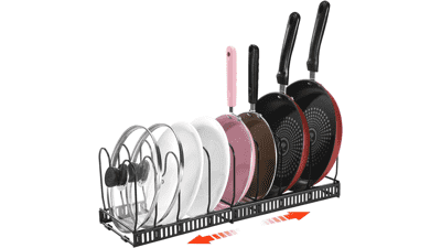 Rabbi Pots and Pans Organizer Rack - Expandable Pot Rack for Kitchen Cabinet Pantry Bakeware Lid Holder - 10 Adjustable Compartments - 2 Pack