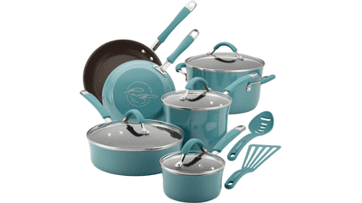 Rachael Ray Cucina Nonstick Cookware Set, 12 Piece, Agave Blue