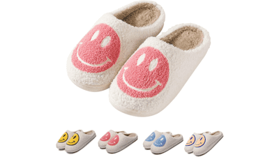 Retro Smile Face Slippers for Women - Soft Plush Comfy Preppy Slides