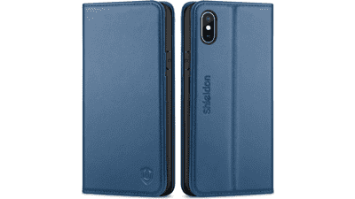 SHIELDON Genuine Leather iPhone Xs Wallet Case with Auto Sleep Wake Credit Card Holder - Royal Blue