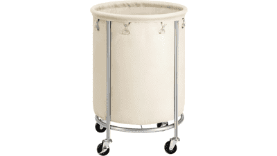 SONGMICS Laundry Basket with Wheels, 45 Gal., Round Laundry Cart