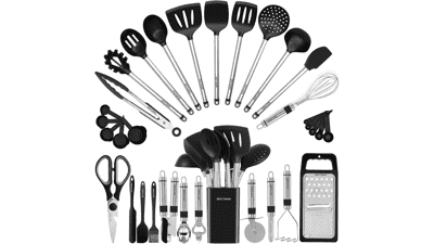 Silicone Cooking Utensils Set - 33 Kitchen Gadgets & Spoons for Nonstick Cookware