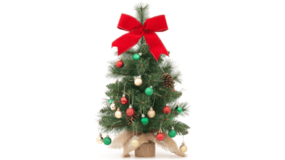 Small Christmas Tree - 24 Inches Green Artificial Mini Decorative Xmas Tree with Pine Needles, Burlap Base, and Mix Ornaments Sets