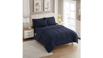 Sweet Home Collection 5 Piece Comforter Set Bag Solid Color All Season Soft Down Alternative Blanket & Luxurious Microfiber Bed Sheets - Navy, Twin