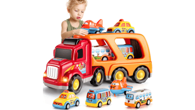 TEMI Toddler Carrier Truck Transport Vehicles Toys - 5 in 1 for Boys, Toy Cars for Toddlers 1-3, Friction Power Set for Kids 3-9