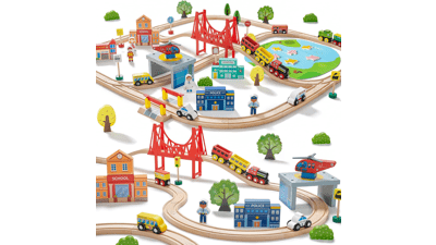 Tiny Land Train Set 110pcs Wooden Train Set for Boys & Girls with Wooden Train Track, Toys for 3-7 Years Old Toddlers & Kids, Railway Set Christmas Toys